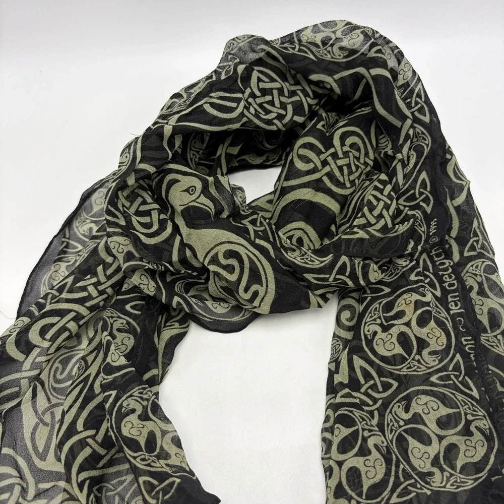 Vintage Keltic Designs Silk Scarf Black Green 90's Career Japan Career